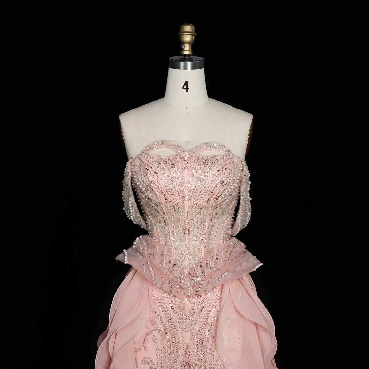Peach Sparkling Sequin Beaded Evening Dress with Cascading Layered Tiered Ruffle Train SS236 Sheer Fairy