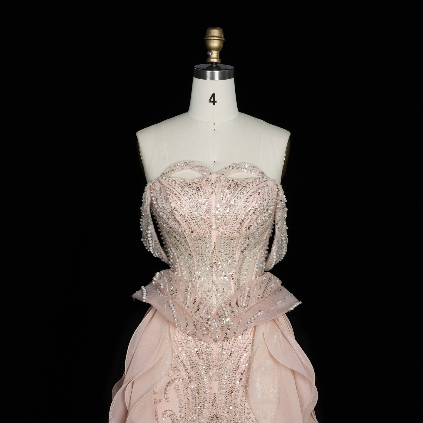 Sparkling Sequin Beaded Evening Dress with Cascading Layered Tiered Ruffle Train SS236 Sheer Fairy