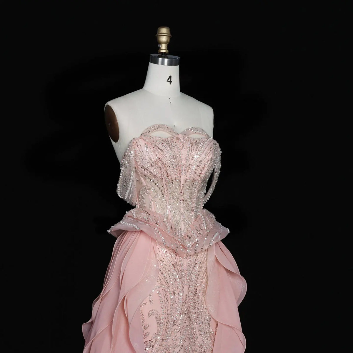 Peach Sparkling Sequin Beaded Evening Dress with Cascading Layered Tiered Ruffle Train SS236 Sheer Fairy