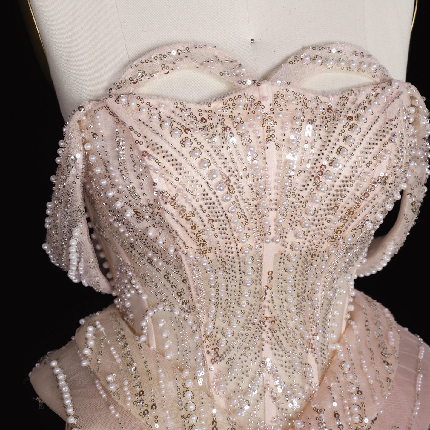 Sparkling Sequin Beaded Evening Dress with Cascading Layered Tiered Ruffle Train SS236 Sheer Fairy