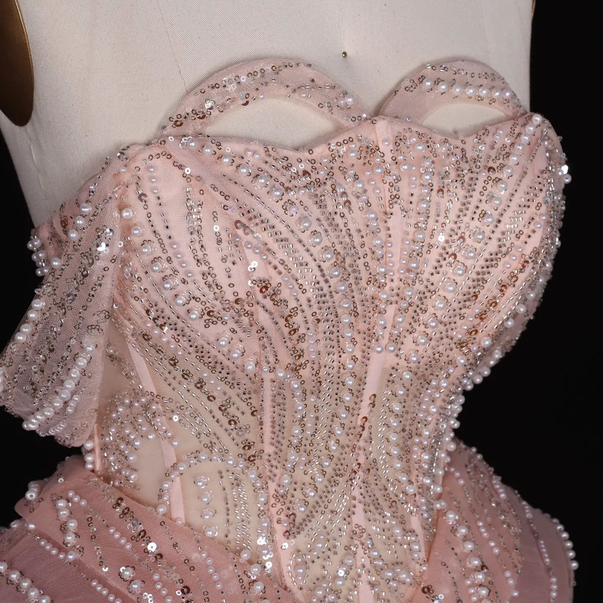 Peach Sparkling Sequin Beaded Evening Dress with Cascading Layered Tiered Ruffle Train SS236 Sheer Fairy