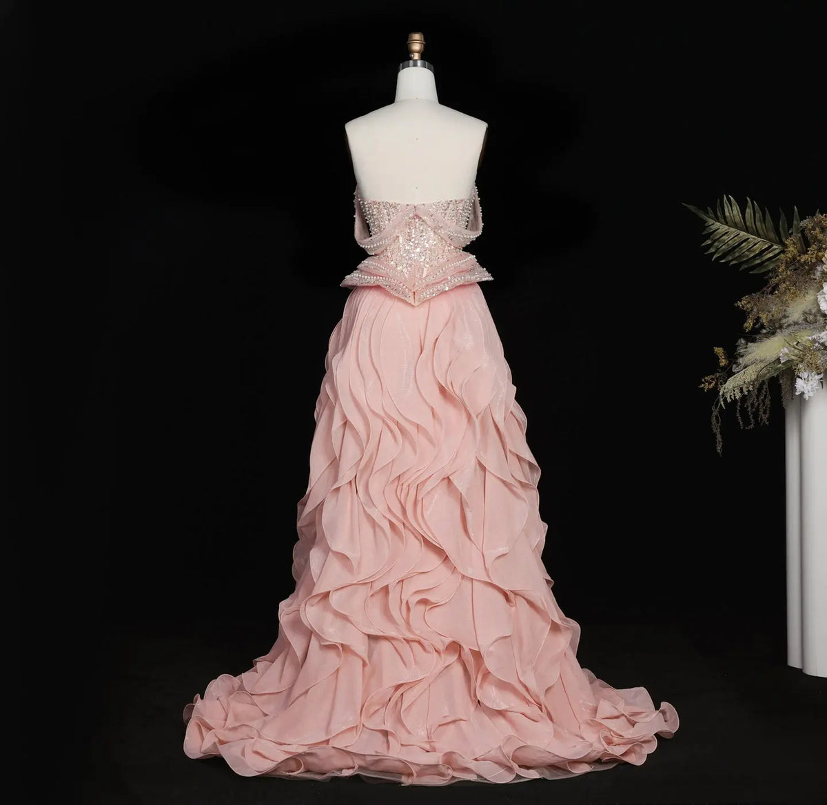 Peach Sparkling Sequin Beaded Evening Dress with Cascading Layered Tiered Ruffle Train SS236 Sheer Fairy