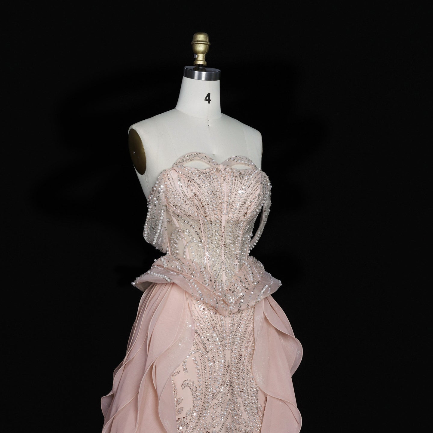 Sparkling Sequin Beaded Evening Dress with Cascading Layered Tiered Ruffle Train SS236 Sheer Fairy