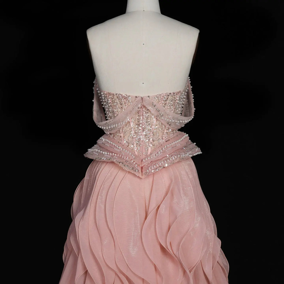 Peach Sparkling Sequin Beaded Evening Dress with Cascading Layered Tiered Ruffle Train SS236 Sheer Fairy