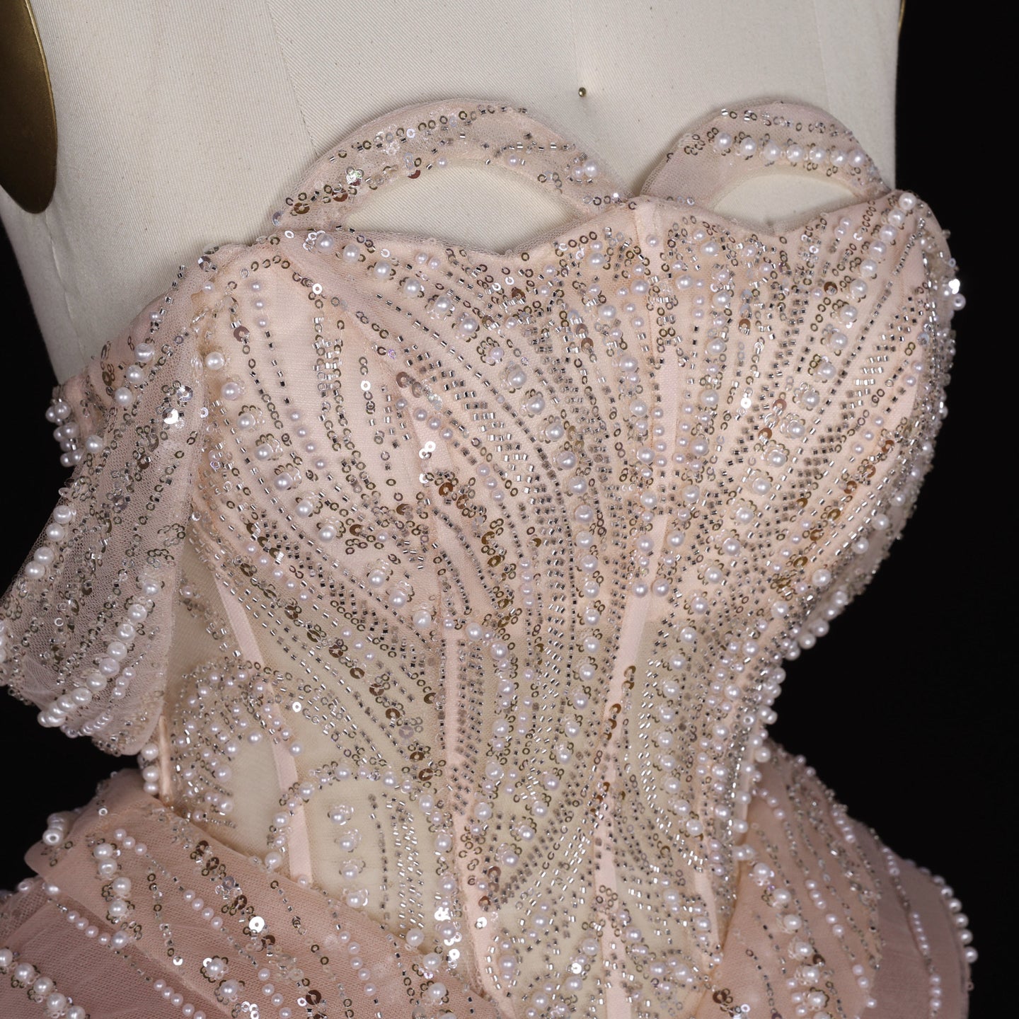 Sparkling Sequin Beaded Evening Dress with Cascading Layered Tiered Ruffle Train SS236 Sheer Fairy