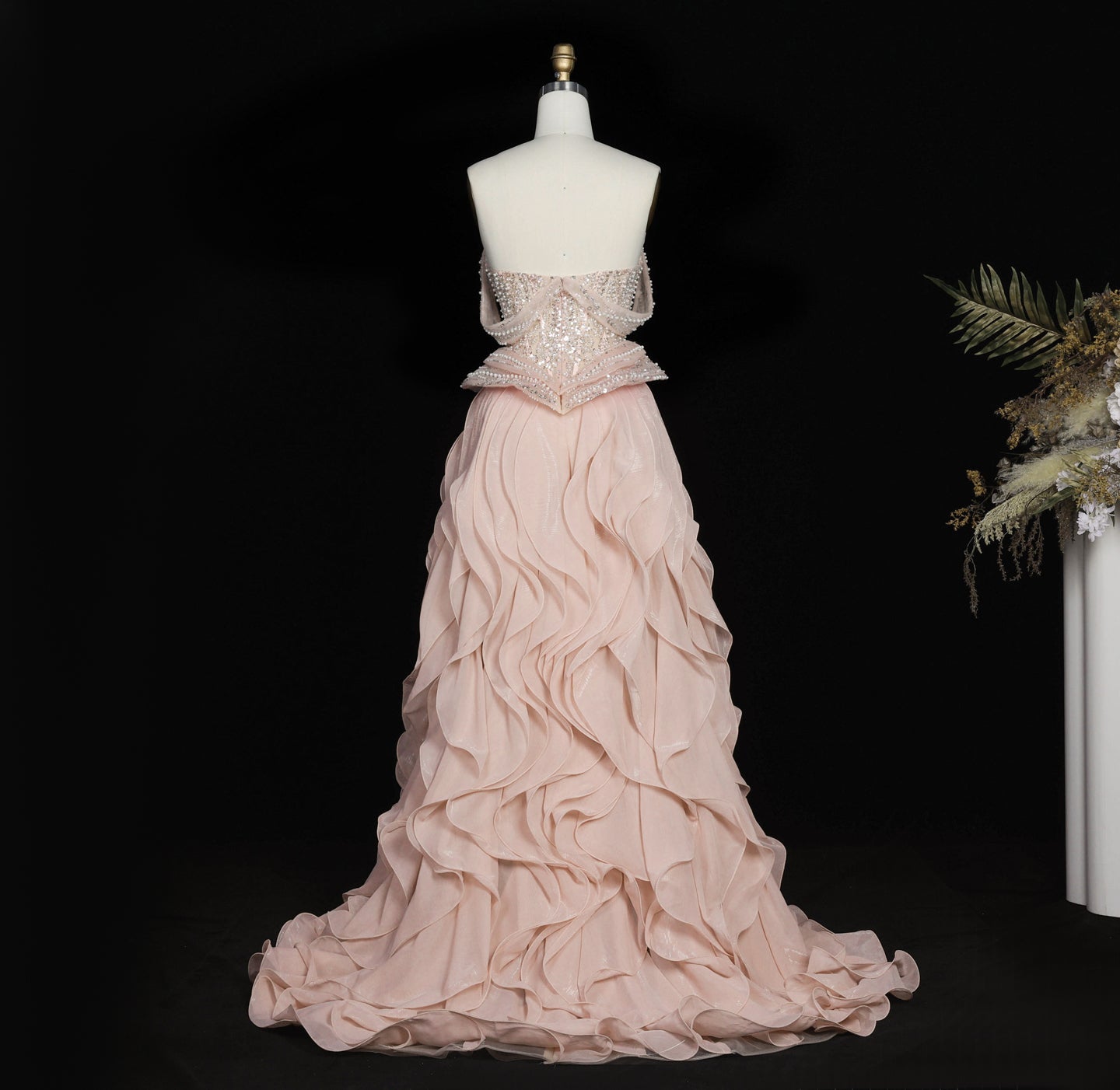 Sparkling Sequin Beaded Evening Dress with Cascading Layered Tiered Ruffle Train SS236 Sheer Fairy