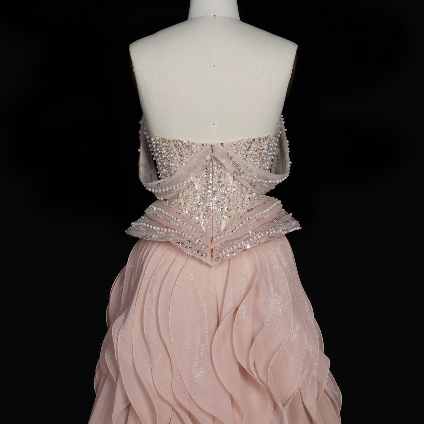 Sparkling Sequin Beaded Evening Dress with Cascading Layered Tiered Ruffle Train SS236 Sheer Fairy