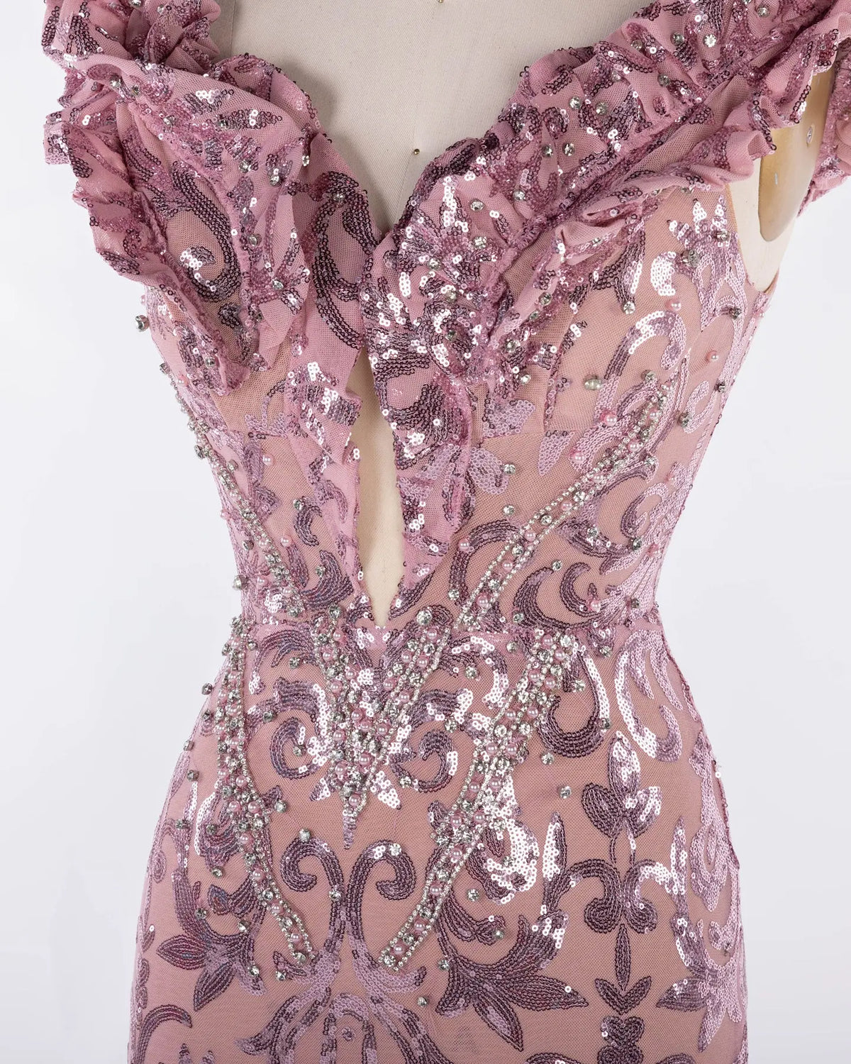 Pink Sequin Tulle Sheath Evening Gown Sheer Fairy
