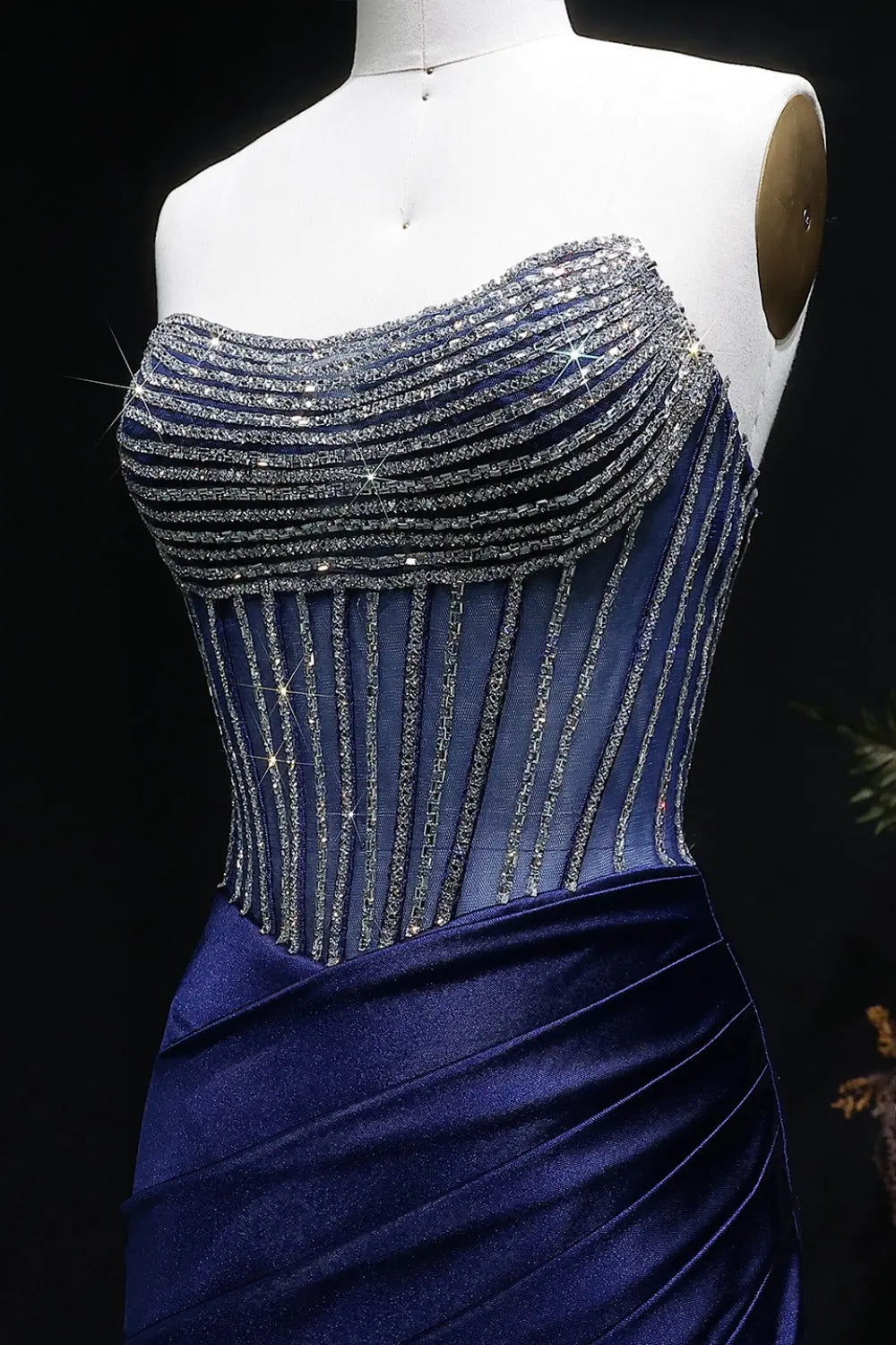 Navy Strapless Blue Satin Mermaid Prom Dress SH404 Sheer Fairy