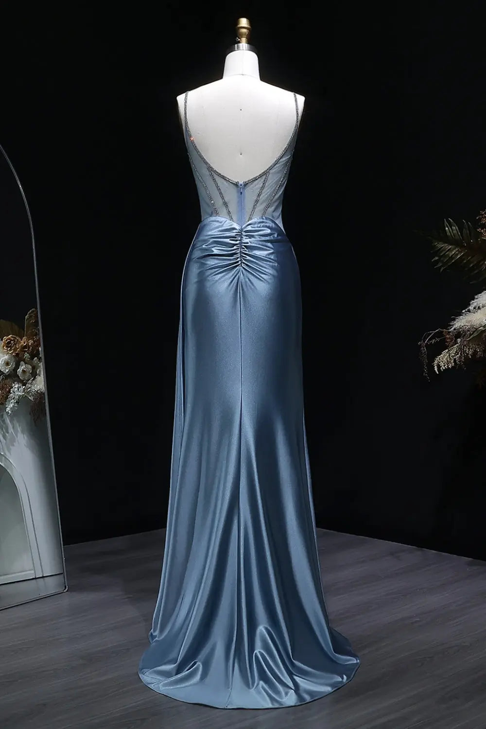 Black A-Line Satin Off-the-Shoulder Prom Dress SH405 Sheer Fairy