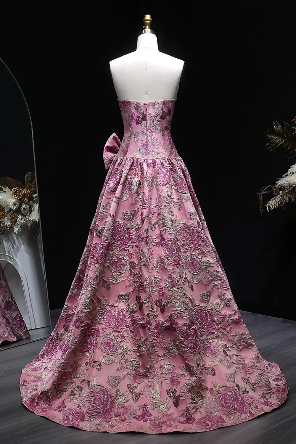 Pink Floral Jacquard Ball Gown Prom Dress SH402 Sheer Fairy