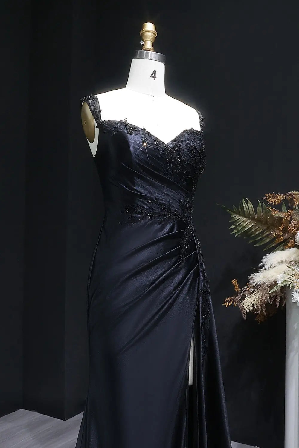 Black A-Line Satin Off-the-Shoulder Prom Dress SH403 Sheer Fairy