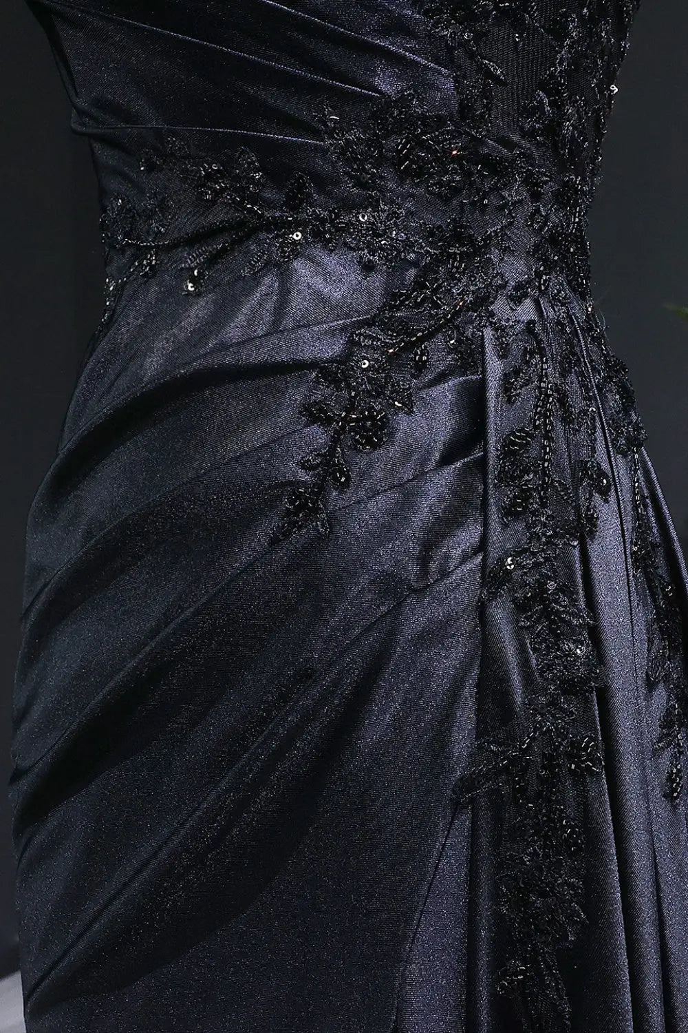 Black A-Line Satin Off-the-Shoulder Prom Dress SH403 Sheer Fairy