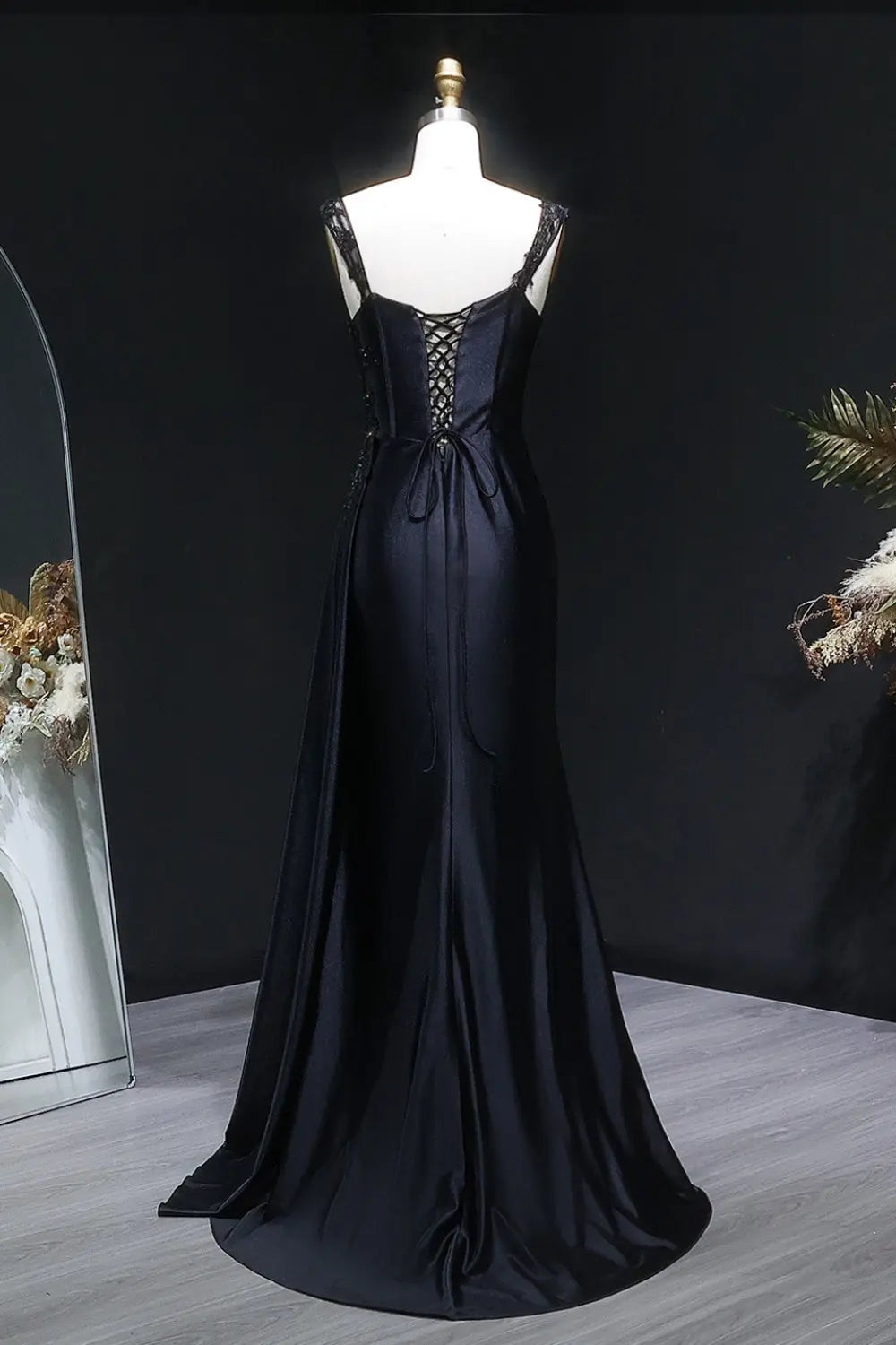 Black A-Line Satin Off-the-Shoulder Prom Dress SH403 Sheer Fairy