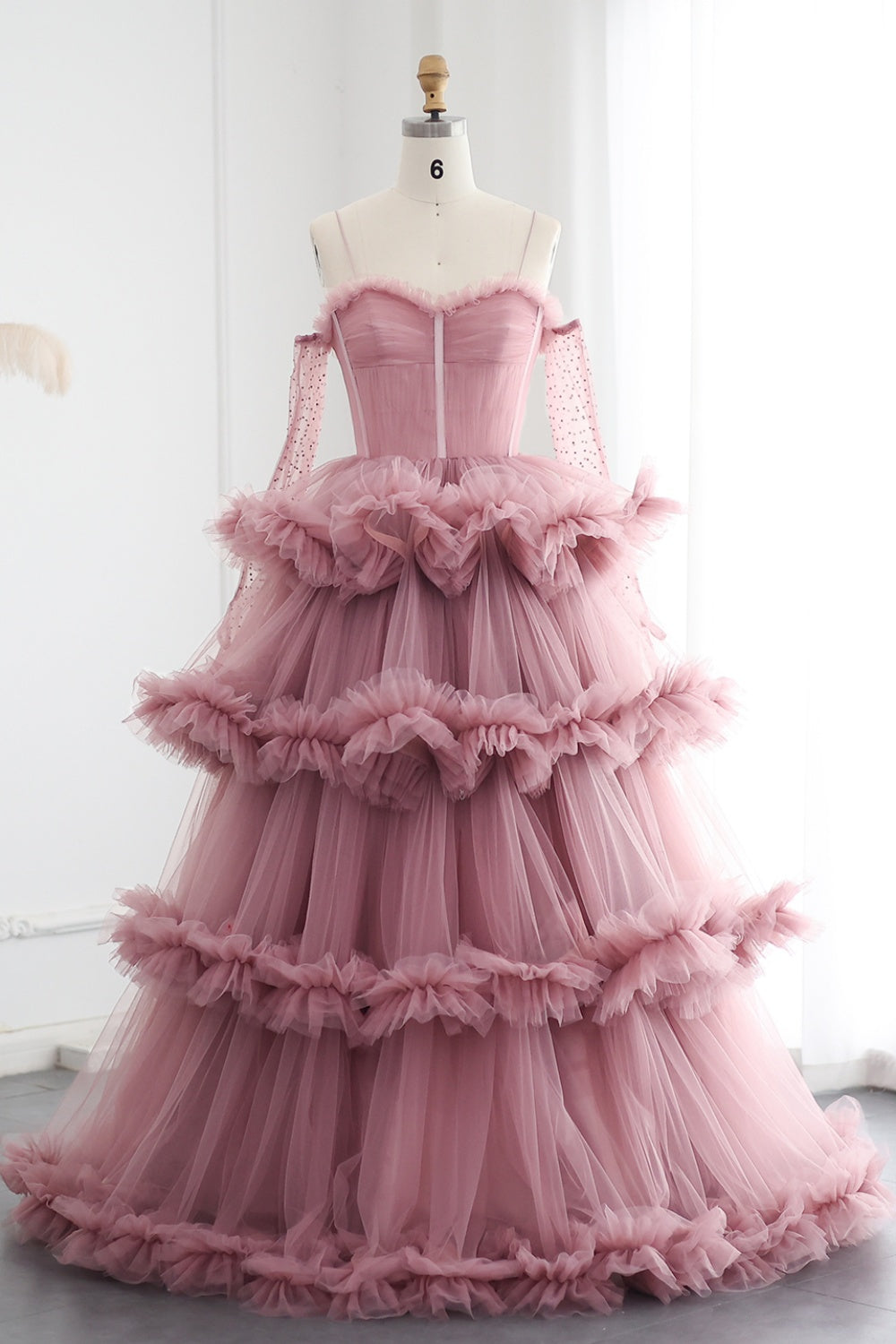 Burgundy Tulle Tiered Ruffles Evening Dresses with Gloves SF472 Sheer Fairy