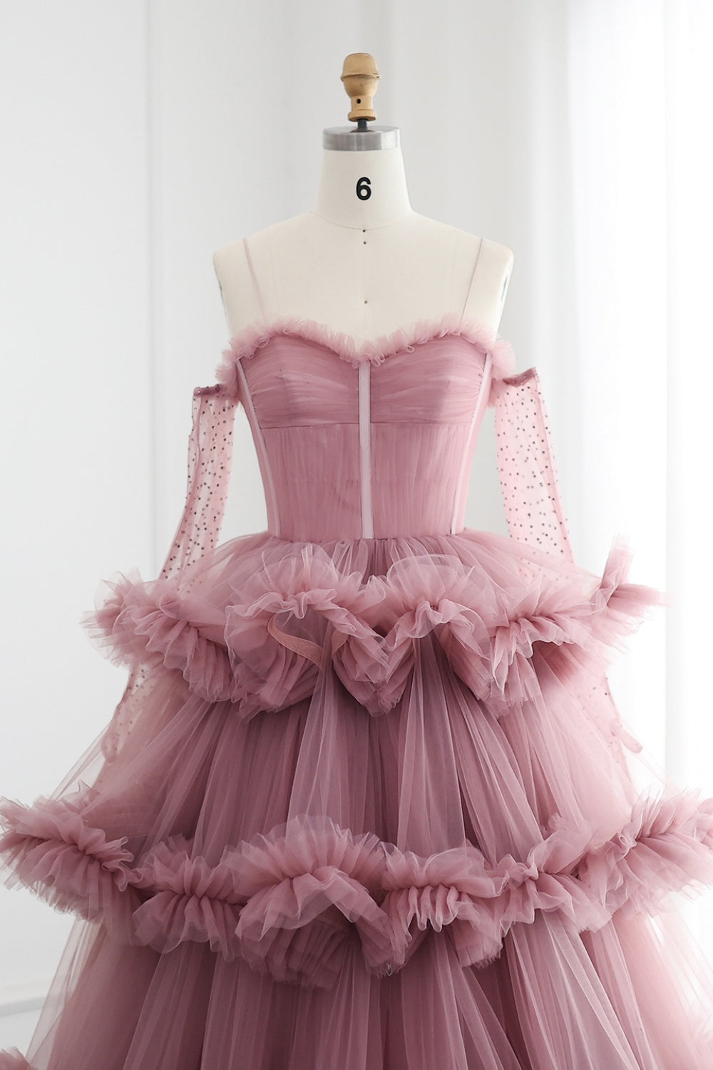 Burgundy Tulle Tiered Ruffles Evening Dresses with Gloves SF472 Sheer Fairy