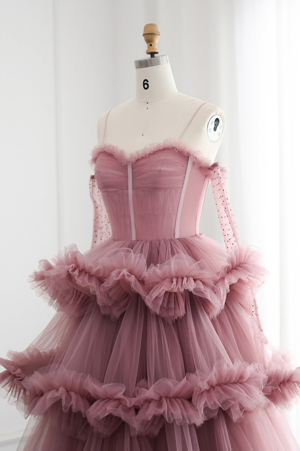 Burgundy Tulle Tiered Ruffles Evening Dresses with Gloves SF472 Sheer Fairy