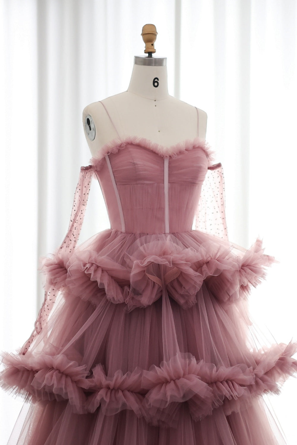 Burgundy Tulle Tiered Ruffles Evening Dresses with Gloves SF472 Sheer Fairy