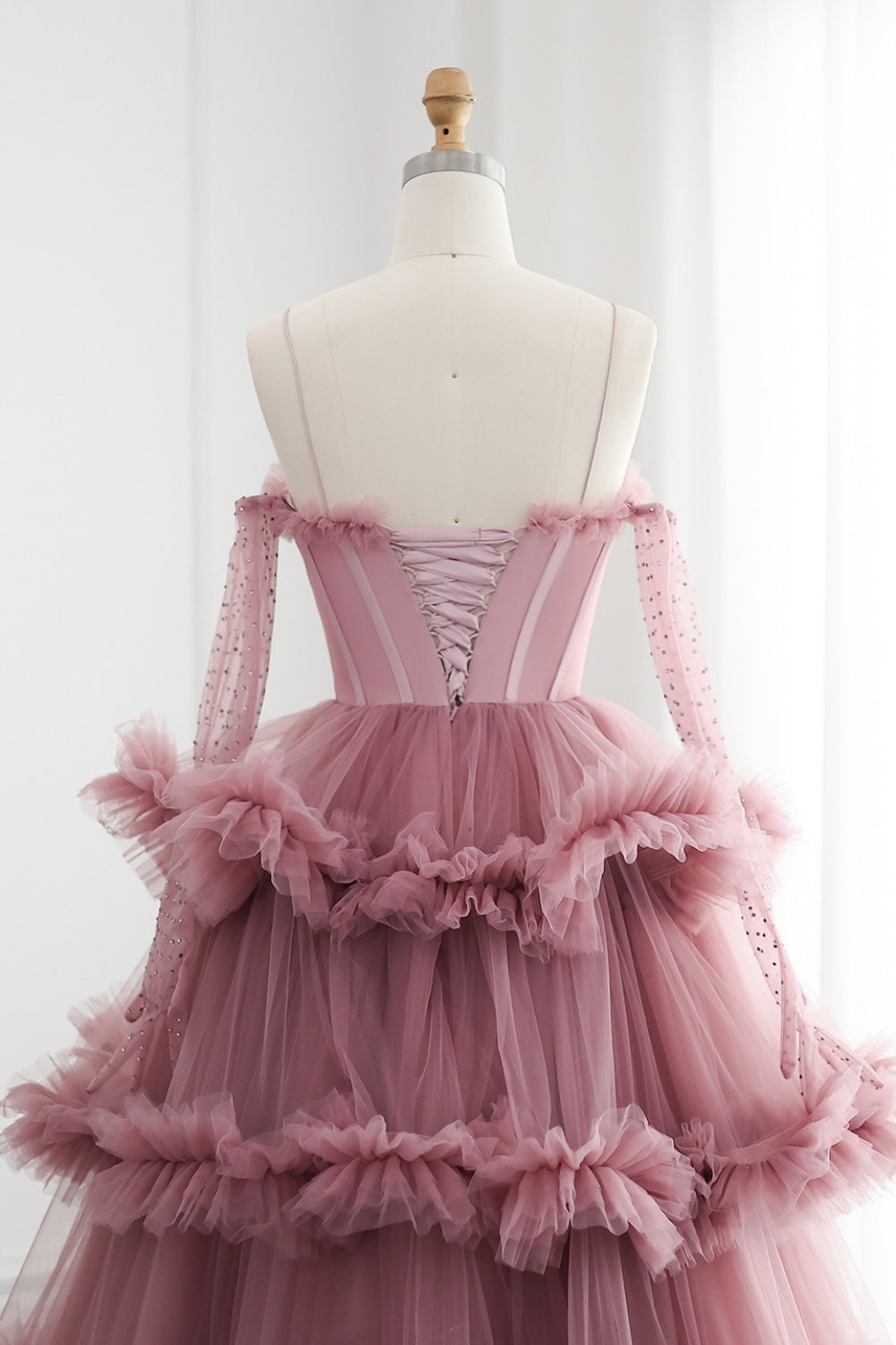 Burgundy Tulle Tiered Ruffles Evening Dresses with Gloves SF472 Sheer Fairy