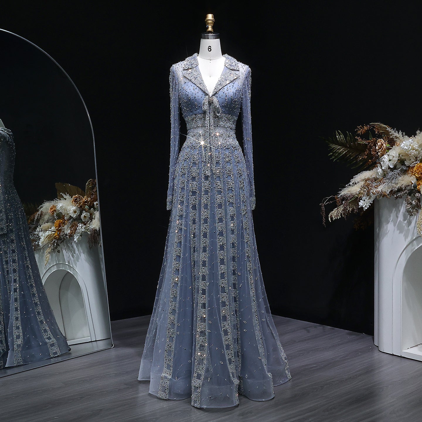 Beaded Sheer Sleeve Dusty Blue A-Line Formal Evening Dress SS419 Sheer Fairy