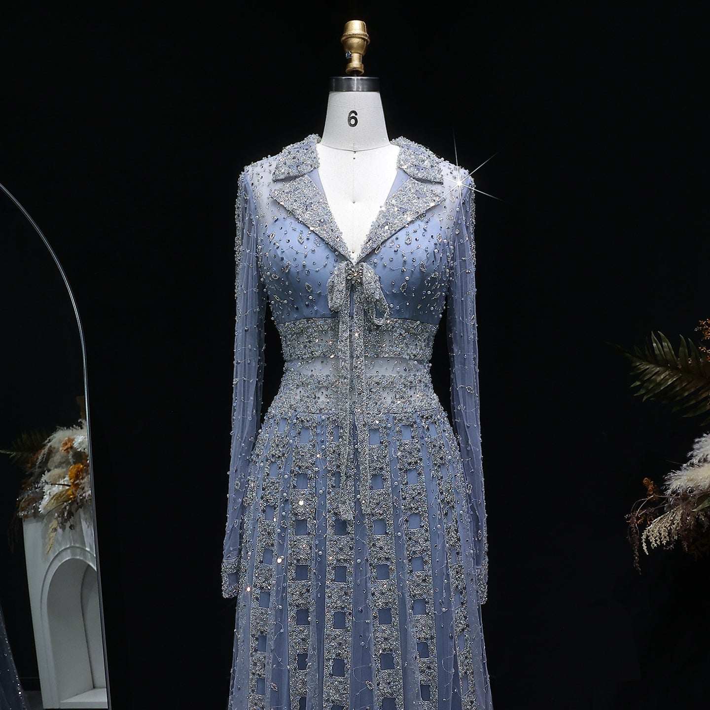 Beaded Sheer Sleeve Dusty Blue A-Line Formal Evening Dress SS419 Sheer Fairy