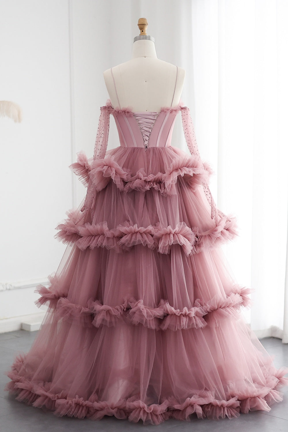 Burgundy Tulle Tiered Ruffles Evening Dresses with Gloves SF472 Sheer Fairy