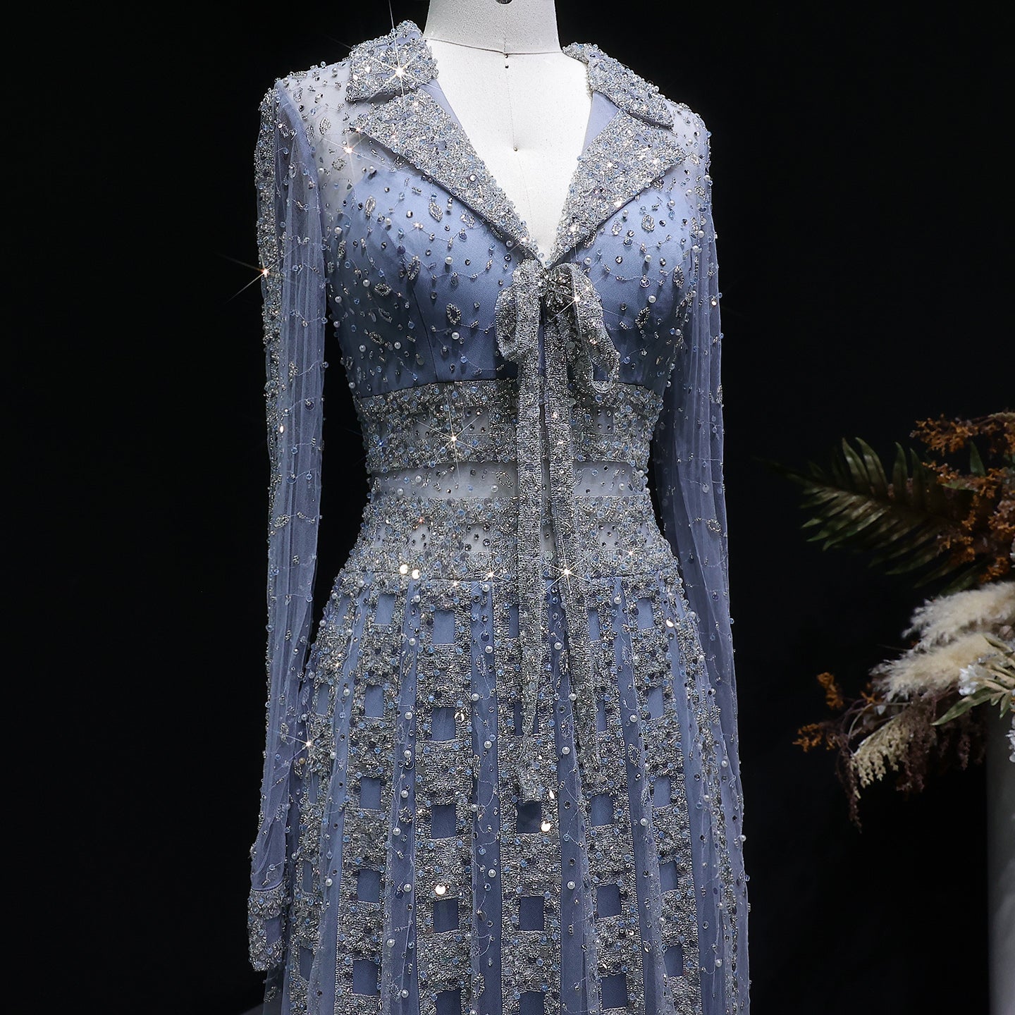 Beaded Sheer Sleeve Dusty Blue A-Line Formal Evening Dress SS419 Sheer Fairy