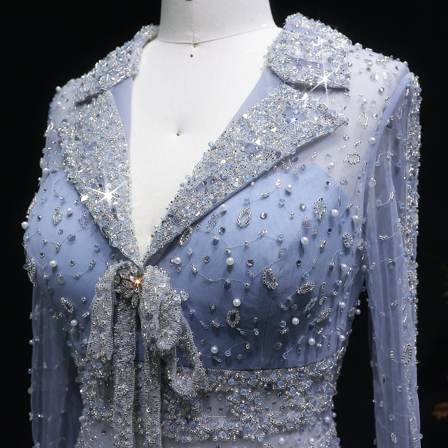 Beaded Sheer Sleeve Dusty Blue A-Line Formal Evening Dress SS419 Sheer Fairy