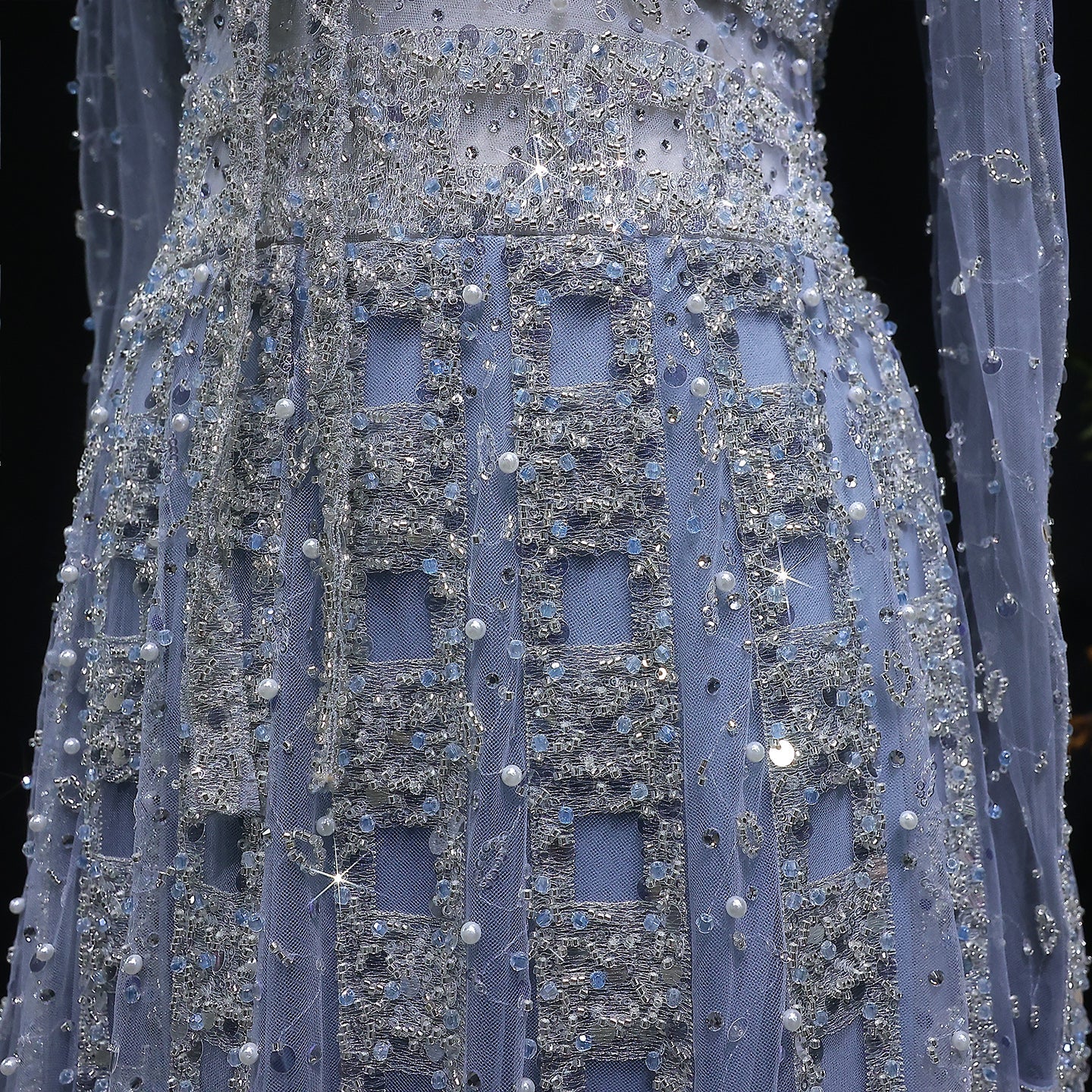 Beaded Sheer Sleeve Dusty Blue A-Line Formal Evening Dress SS419 Sheer Fairy