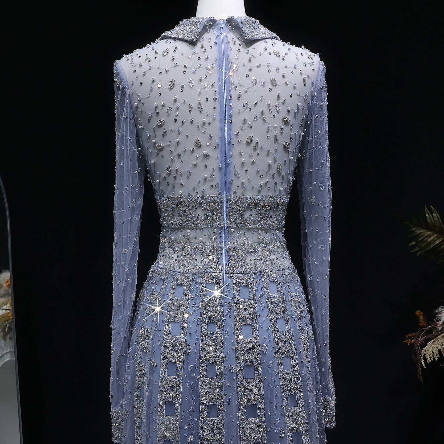 Beaded Sheer Sleeve Dusty Blue A-Line Formal Evening Dress SS419 Sheer Fairy