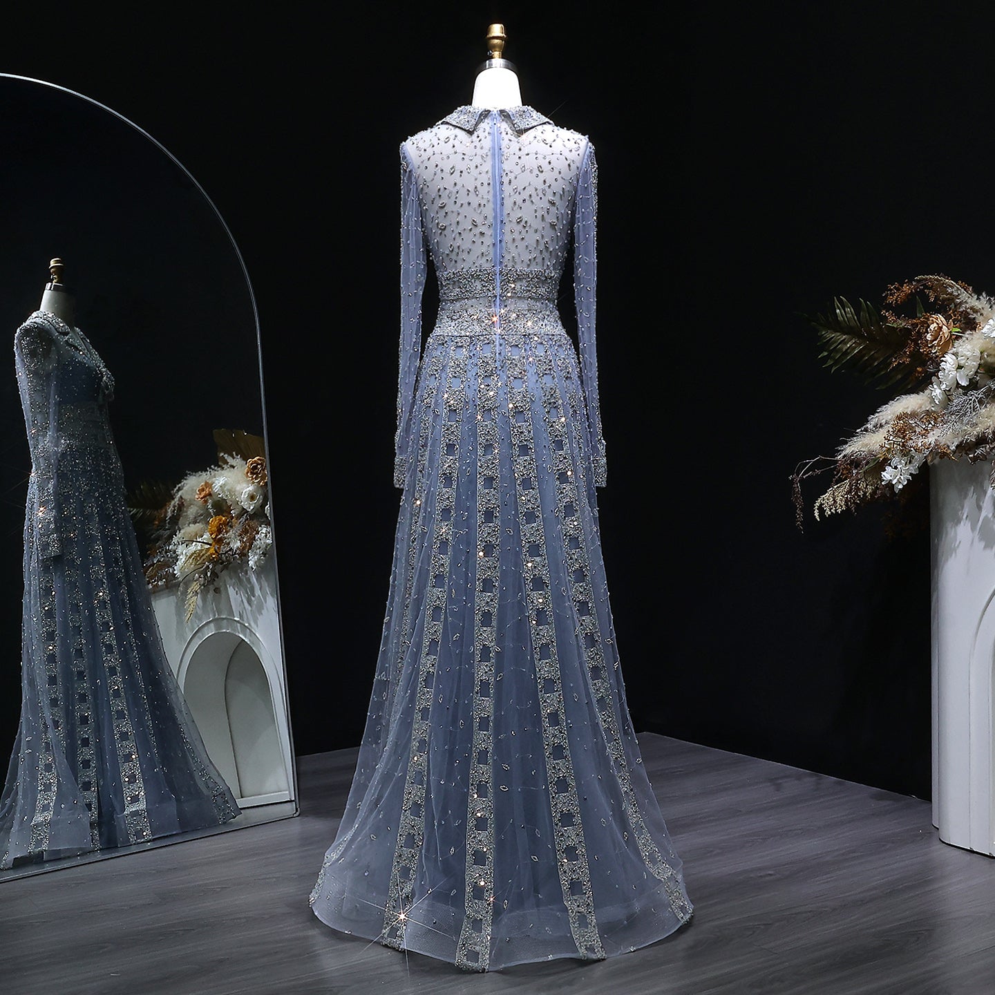 Beaded Sheer Sleeve Dusty Blue A-Line Formal Evening Dress SS419 Sheer Fairy