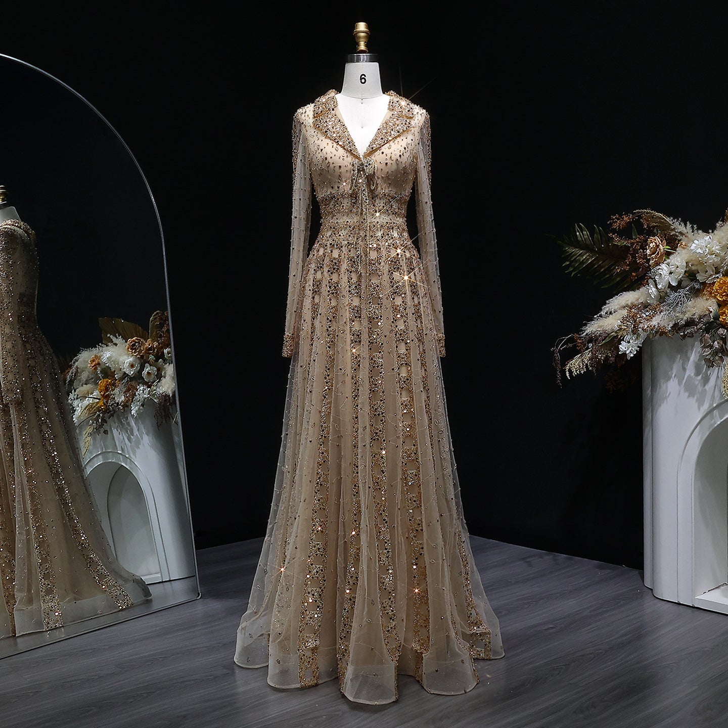 Beaded Sheer Sleeve Dusty Blue A-Line Formal Evening Dress SS419 Sheer Fairy