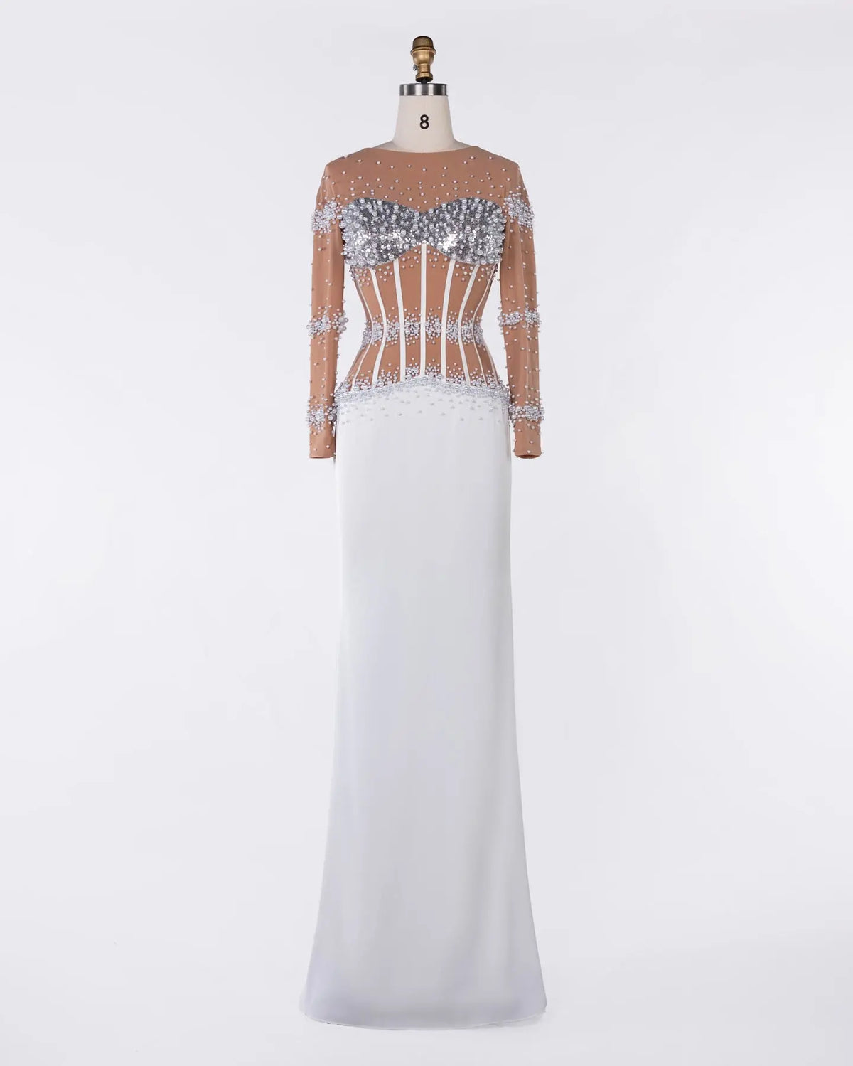 White Nude Pearl Beaded Corset Evening Dress Sheer Fairy