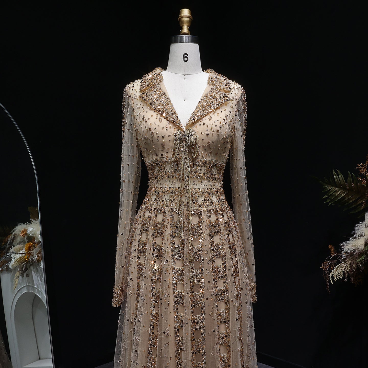 Beaded Sheer Sleeve Dusty Blue A-Line Formal Evening Dress SS419 Sheer Fairy