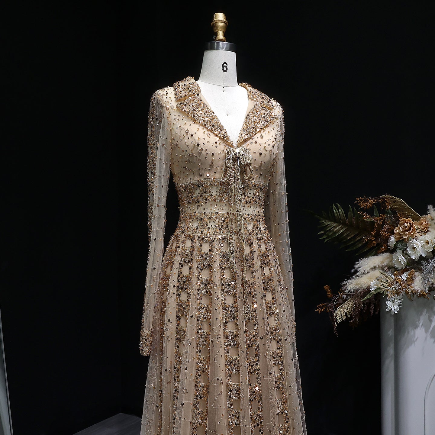 Beaded Sheer Sleeve Dusty Blue A-Line Formal Evening Dress SS419 Sheer Fairy