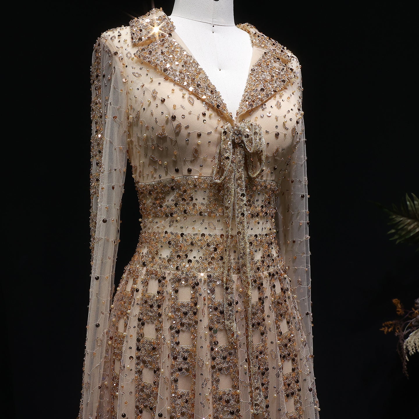 Beaded Sheer Sleeve Dusty Blue A-Line Formal Evening Dress SS419 Sheer Fairy