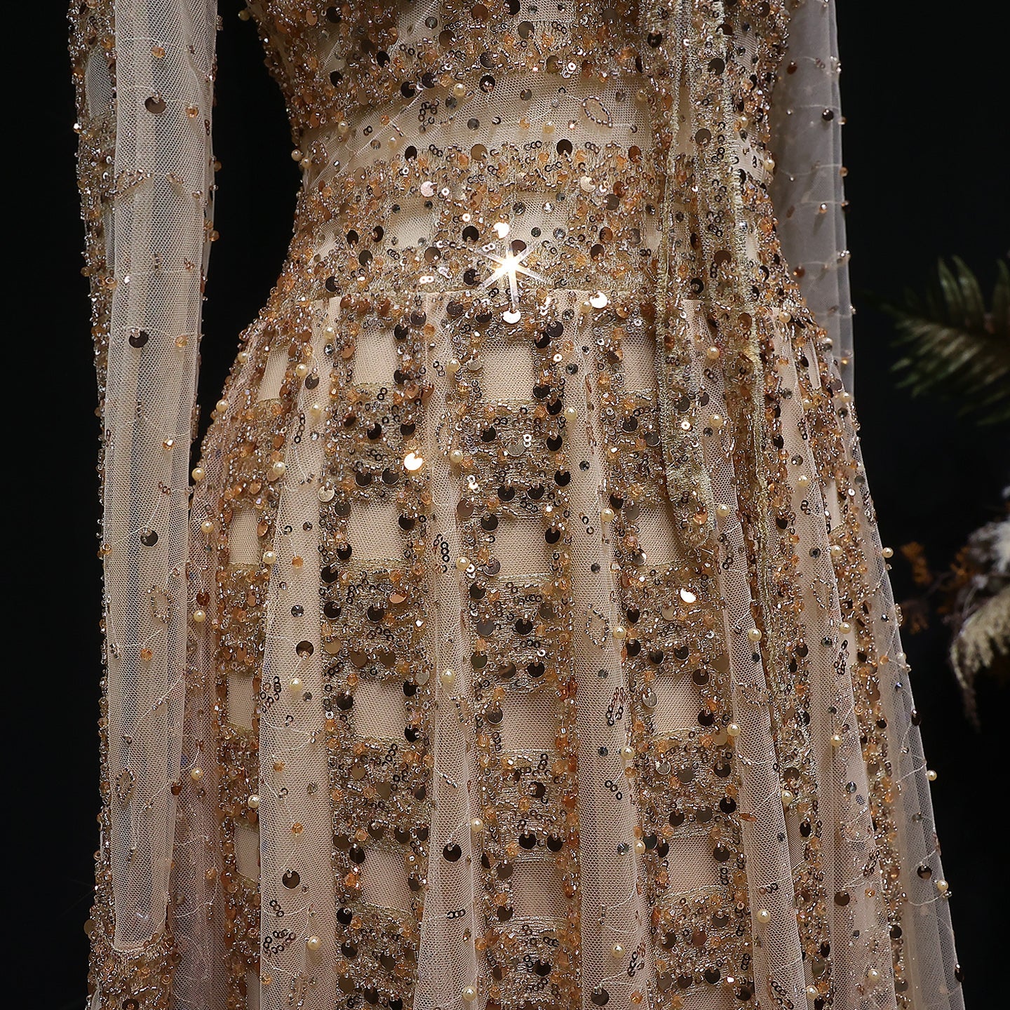 Beaded Sheer Sleeve Dusty Blue A-Line Formal Evening Dress SS419 Sheer Fairy