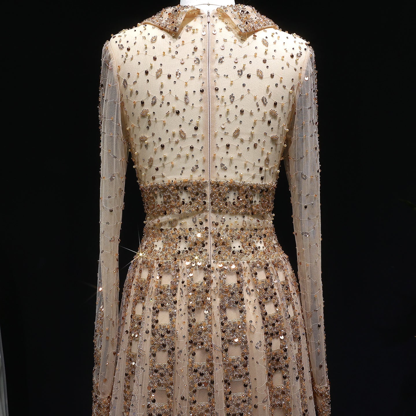Beaded Sheer Sleeve Dusty Blue A-Line Formal Evening Dress SS419 Sheer Fairy