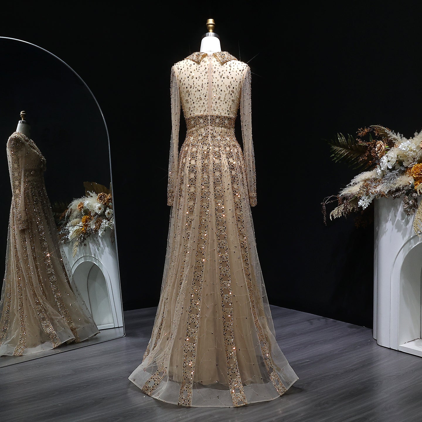 Beaded Sheer Sleeve Dusty Blue A-Line Formal Evening Dress SS419 Sheer Fairy
