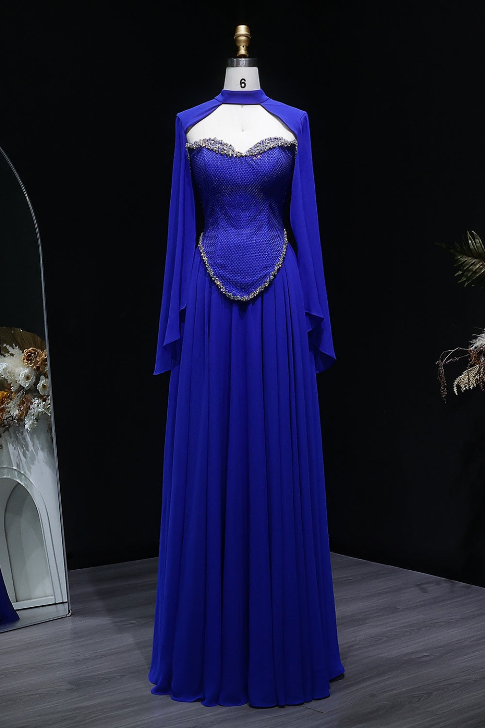 Royal Blue Beaded Chiffon A-Line Prom Dress with Cape Sleeves SH120 Sheer Fairy