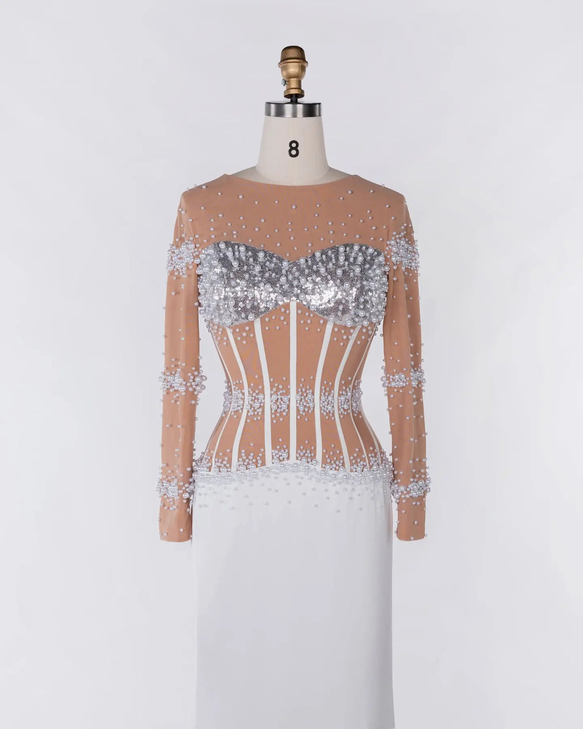 White Nude Pearl Beaded Corset Evening Dress Sheer Fairy
