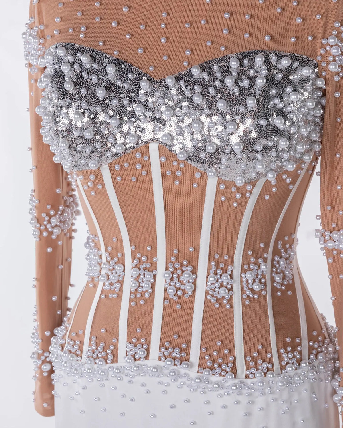 White Nude Pearl Beaded Corset Evening Dress Sheer Fairy