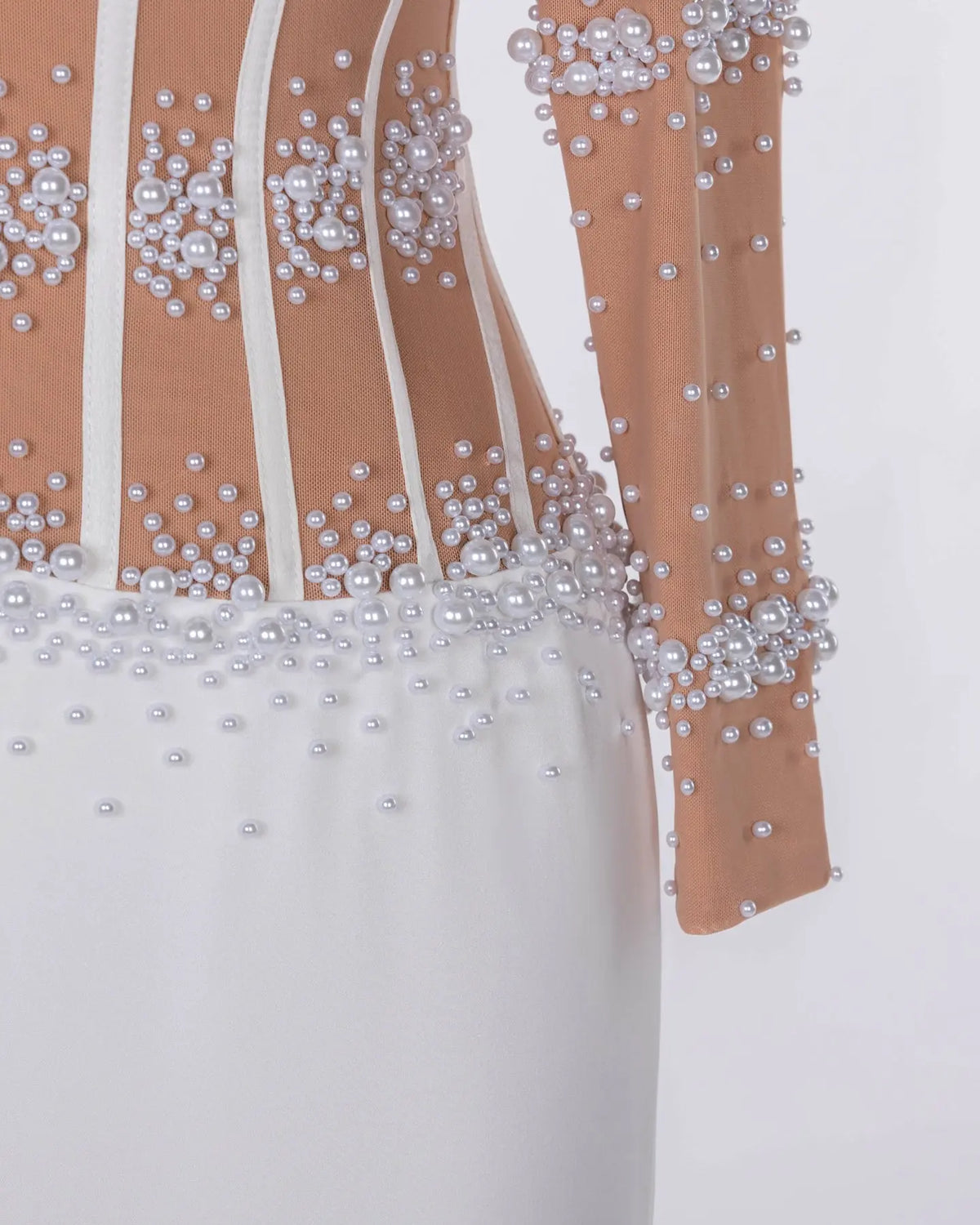 White Nude Pearl Beaded Corset Evening Dress Sheer Fairy