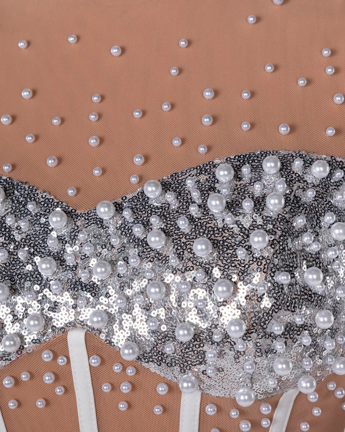 White Nude Pearl Beaded Corset Evening Dress Sheer Fairy