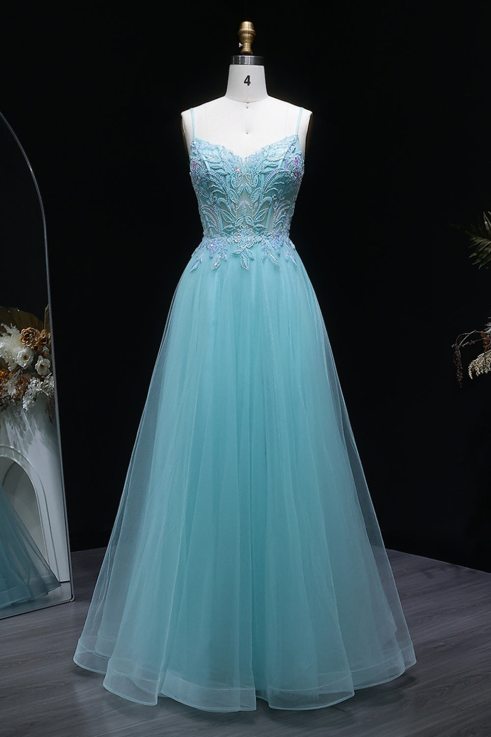 Aqua Tulle Spaghetti Strap A-Line Prom Dress SH126 Sheer Fairy