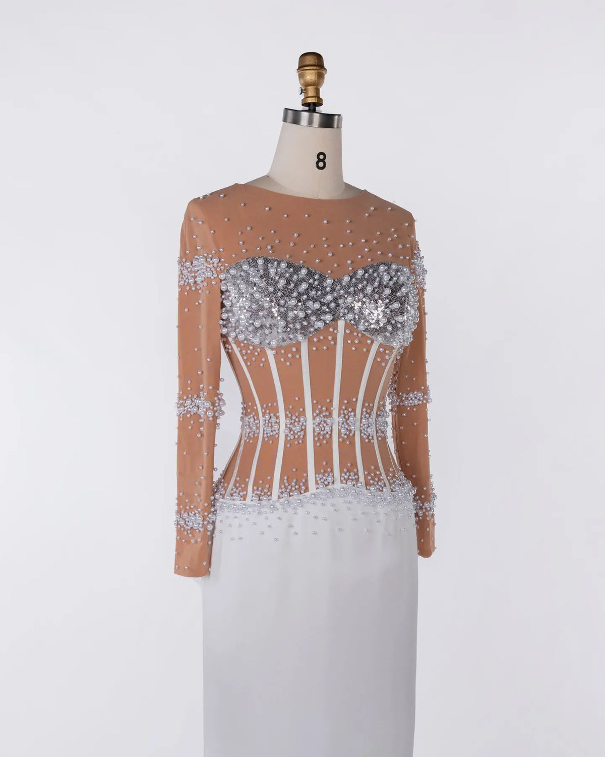 White Nude Pearl Beaded Corset Evening Dress Sheer Fairy