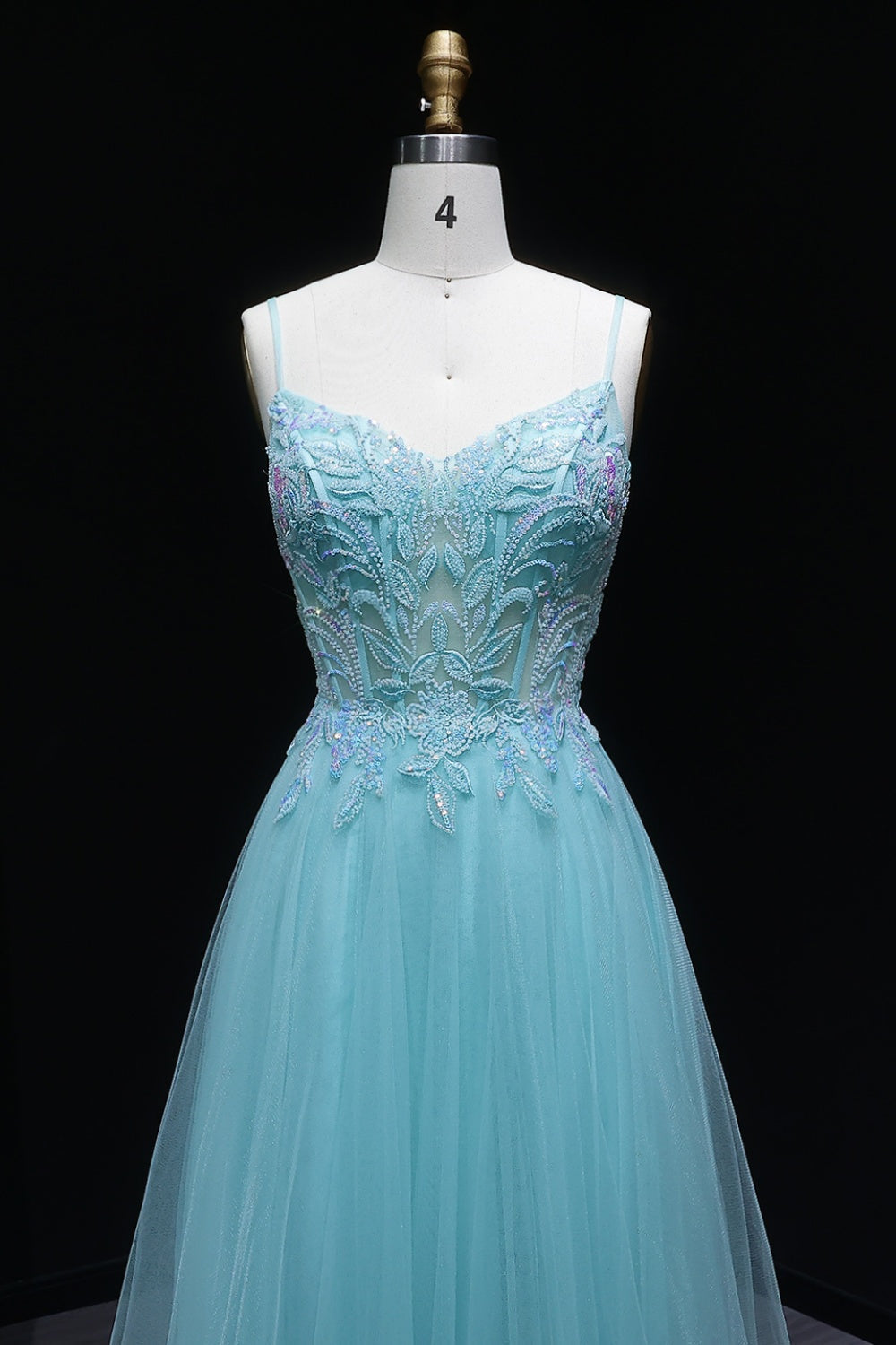 Aqua Tulle Spaghetti Strap A-Line Prom Dress SH126 Sheer Fairy