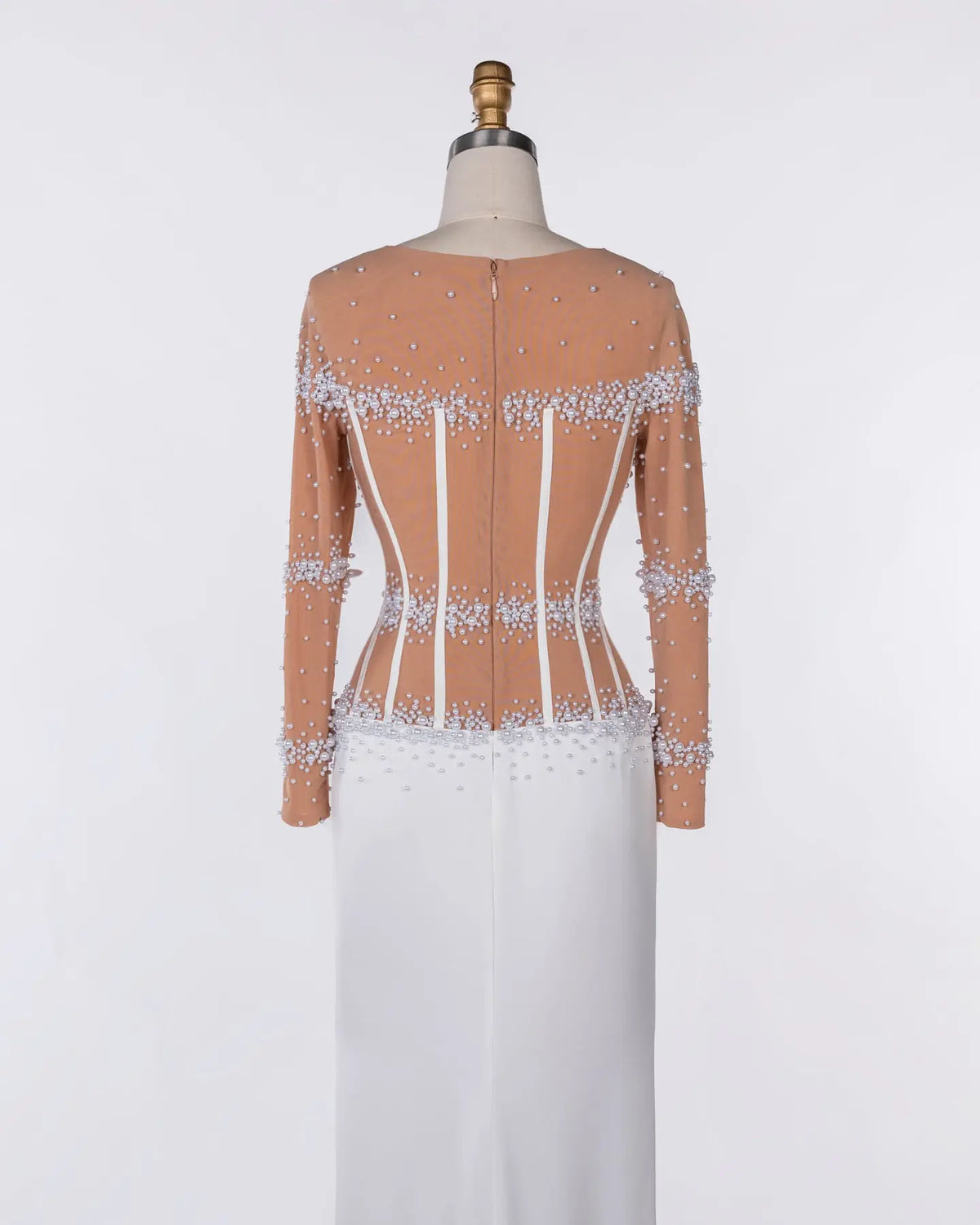 White Nude Pearl Beaded Corset Evening Dress Sheer Fairy