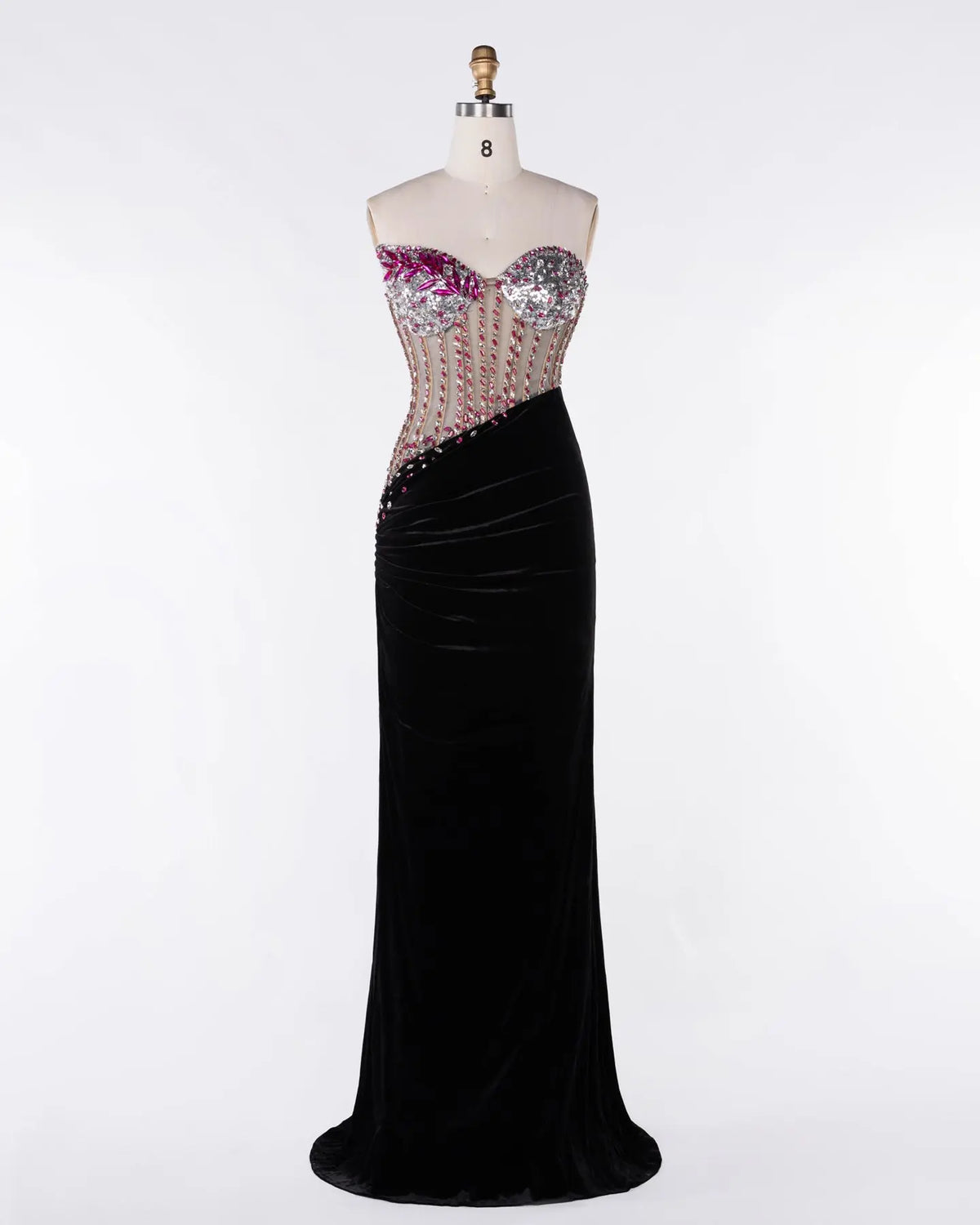 Black Strapless Beaded Velvet Evening Gown Sheer Fairy