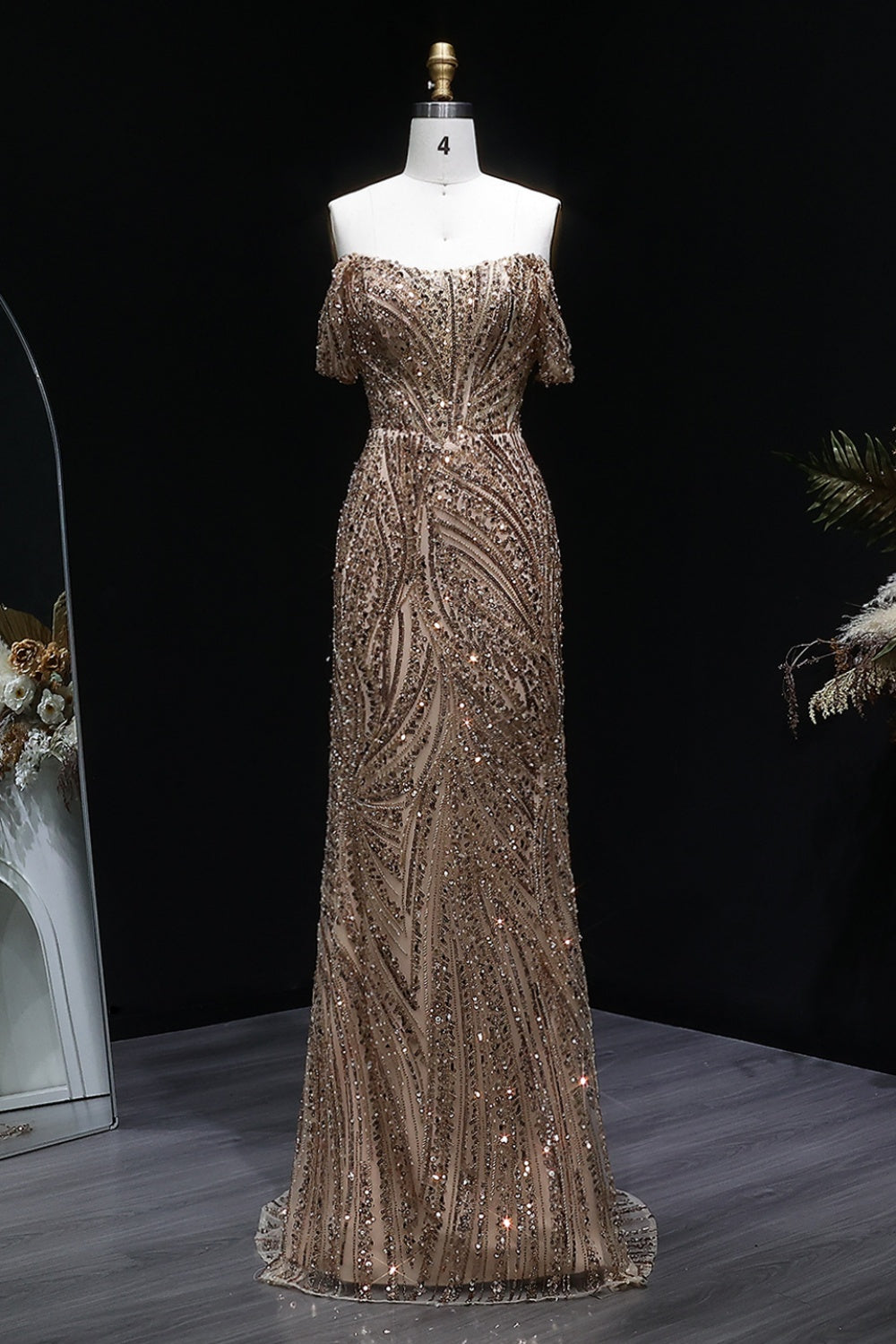 Gold Sequin Off-the-Shoulder Sheath Prom Dress with All-Over Beaded SH134 Sheer Fairy
